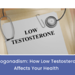 Illustration of a male figure with symptoms of low testosterone, including fatigue and muscle loss.