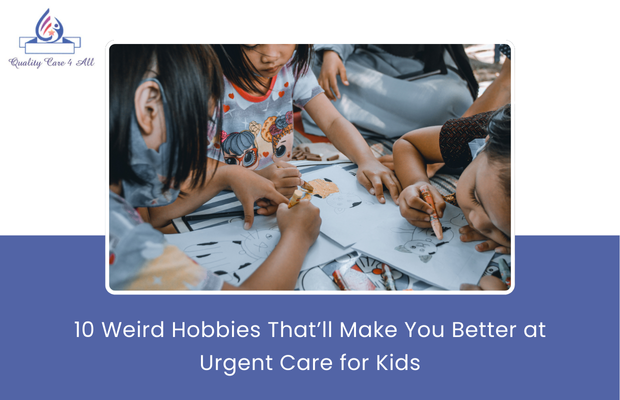 A healthcare professional playing a guitar while a child smiles during an urgent care visit, showcasing how hobbies improve pediatric care skills.