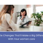 A woman smiling while practicing self-care, surrounded by skincare products, healthy food, and a yoga mat.