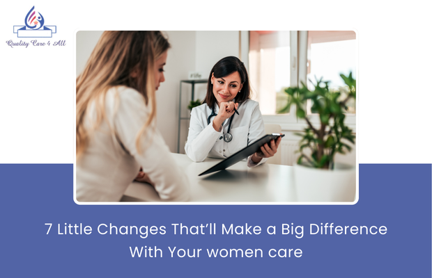 A woman smiling while practicing self-care, surrounded by skincare products, healthy food, and a yoga mat.