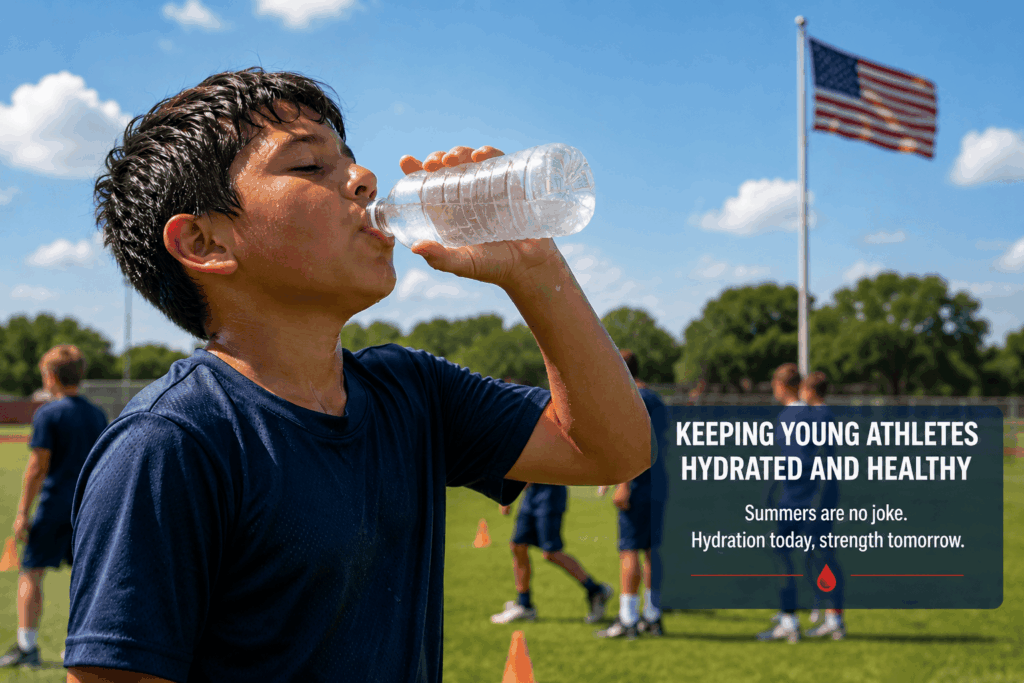 Child staying hydrated during summer sports practice in Texas heat