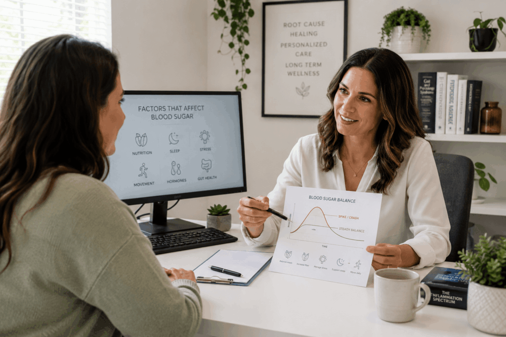 Functional medicine doctor discussing metabolic health and prediabetes care in Garland, Texas