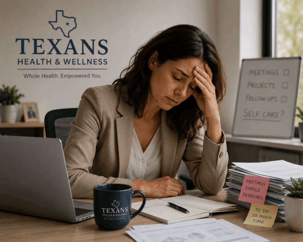 Texas professional experiencing chronic fatigue and brain fog at work