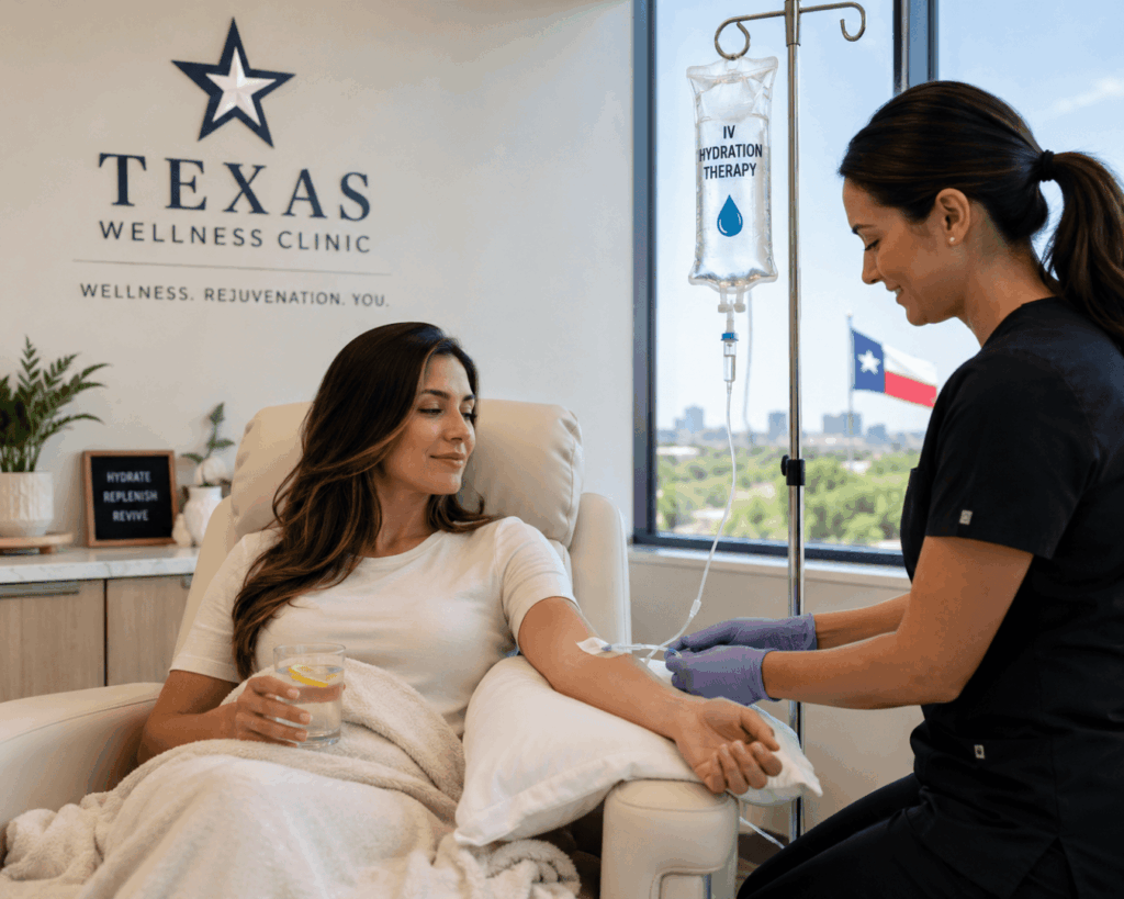 Woman receiving IV hydration therapy for dehydration recovery in Garland Texas