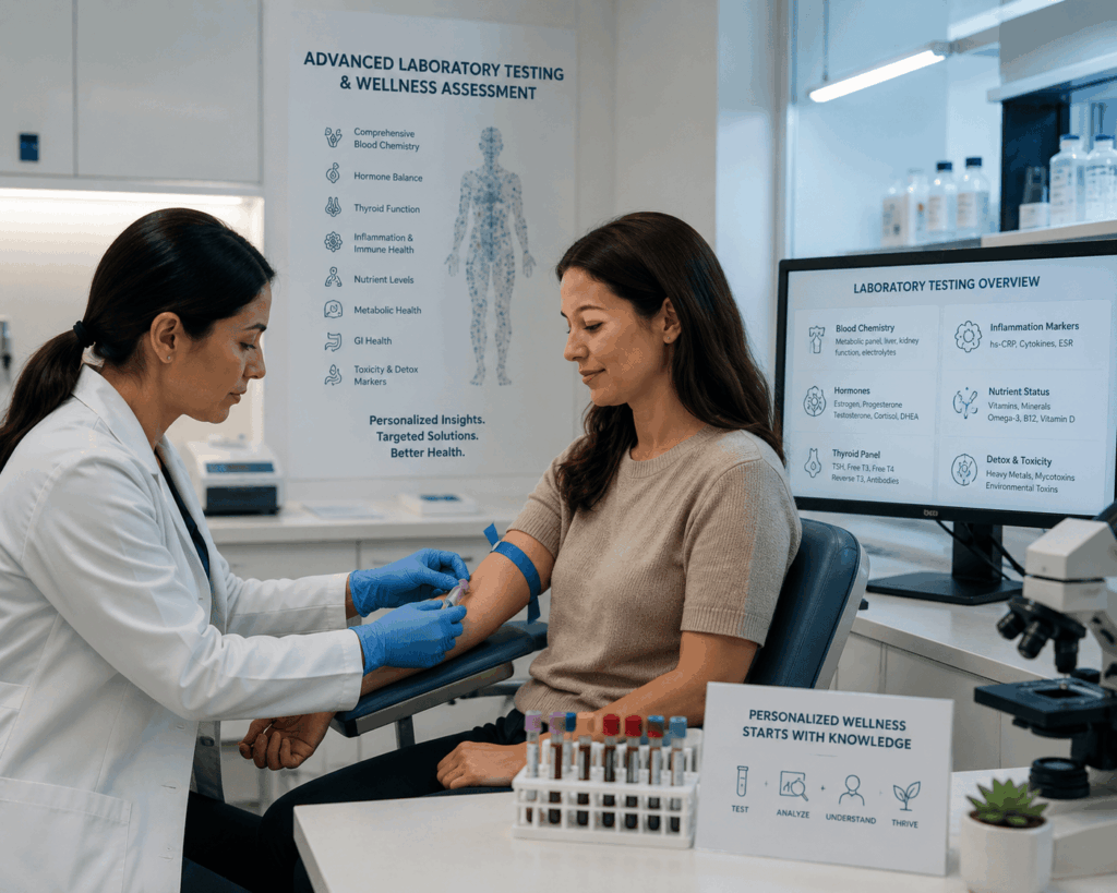 Healthcare professional reviewing hormone testing and nutrient deficiency testing results