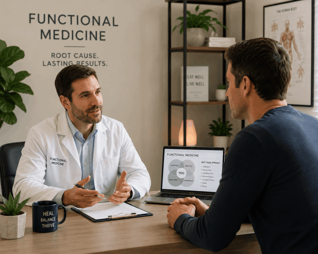 Functional medicine doctor speaking with male patient about hormone health in Garland, Texas clinic
