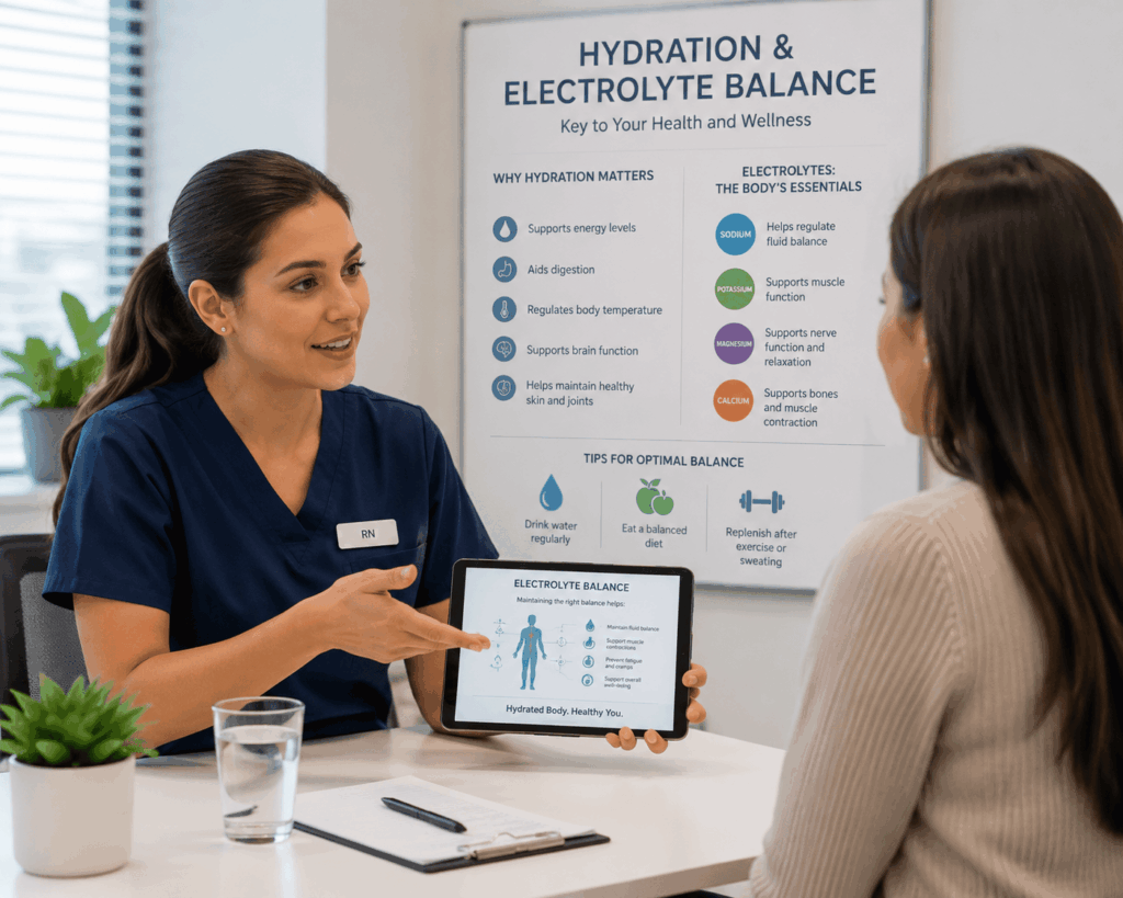 Healthcare professional discussing electrolyte therapy and hydration support with patient