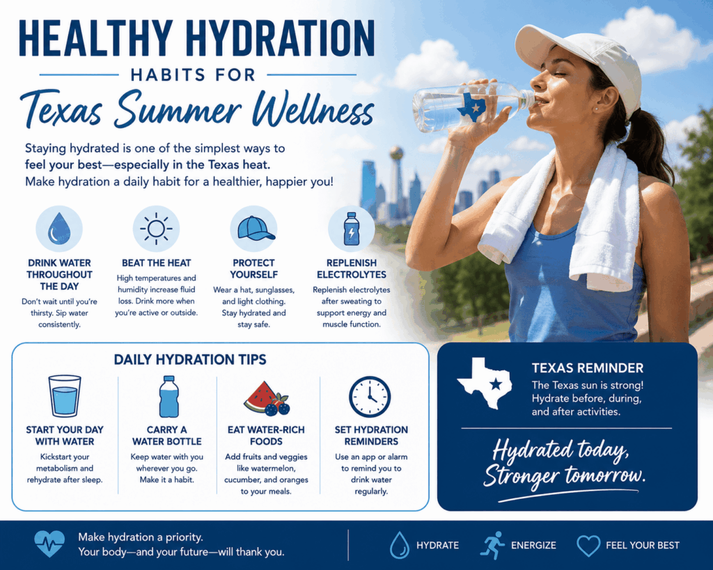 Woman drinking water and eating electrolyte-rich foods to support hydration in Texas heat