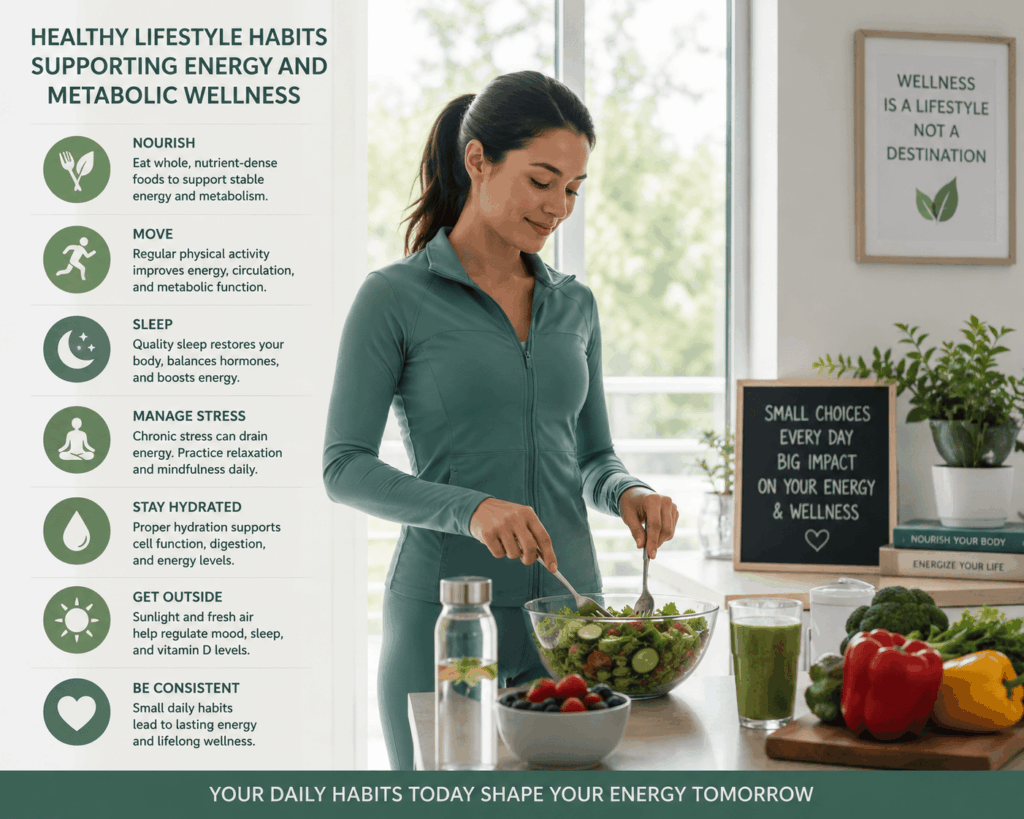 Adult practicing healthy nutrition and exercise habits to improve energy and overall wellness
