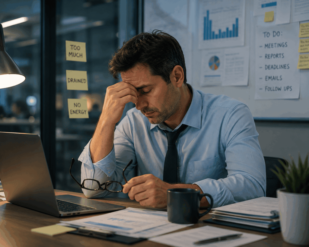 Exhausted professional dealing with stress hormone imbalance and low energy