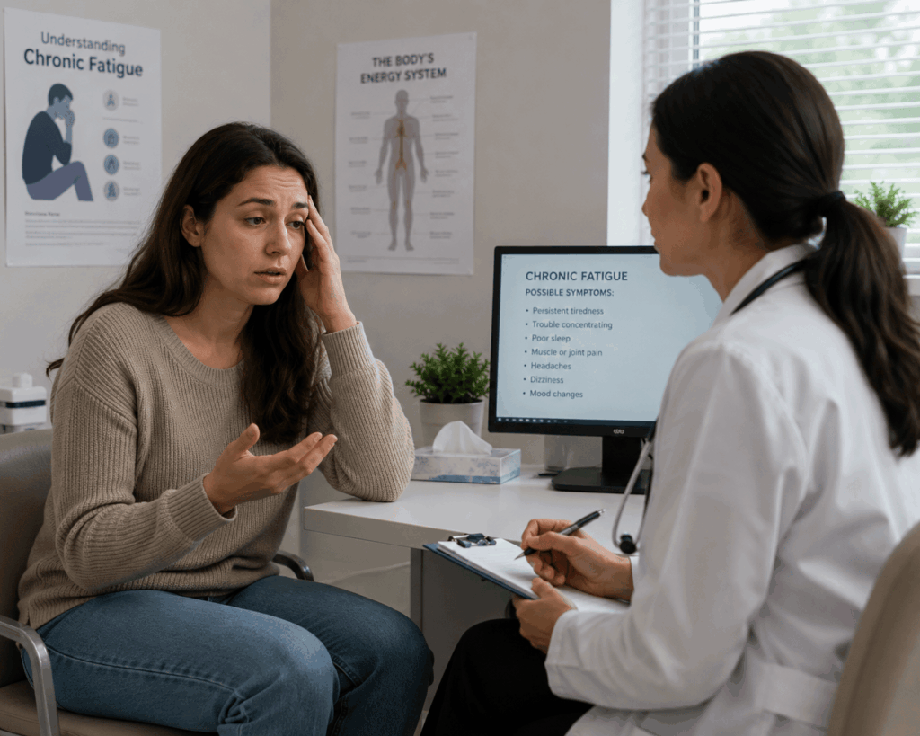 Patient consulting with healthcare provider about chronic fatigue and wellness concerns in Garland Texas
