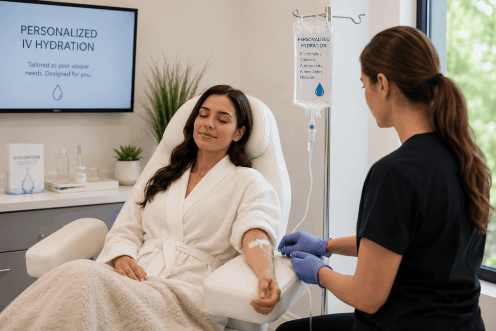 Patient receiving IV hydration therapy at a wellness clinic in Garland Texas