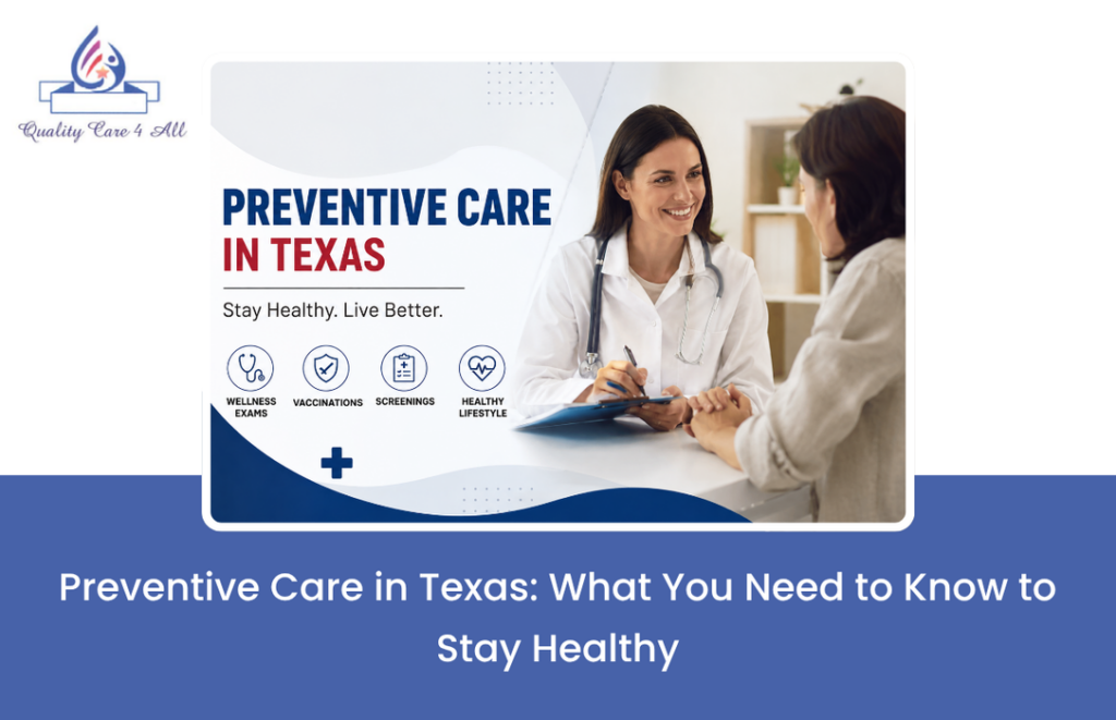 Doctor performing preventive wellness exam for adult patient in Texas clinic