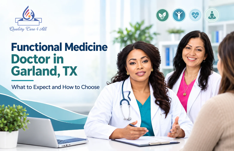 Functional Medicine Doctor in Garland discussing personalized healthcare with an adult patient